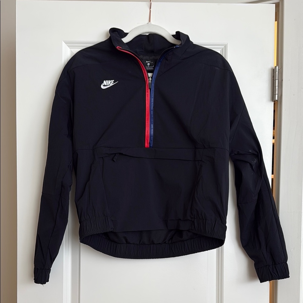 Nike Black Pullover Windbreaker with Red & Blue Zip Accents